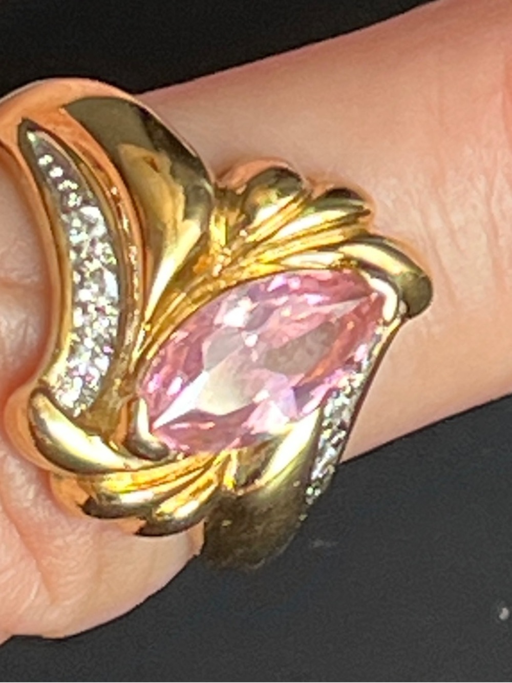 SETA Gold Vermeil Pink Rose Quartz Marquise Cut Ring Cubic Zirconia Pave SZ 7.5